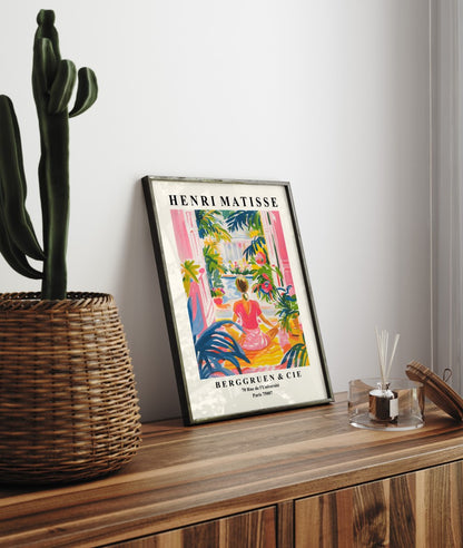 Colorful Henri Matisse inspired framed art print with woman practicing yoga indoors