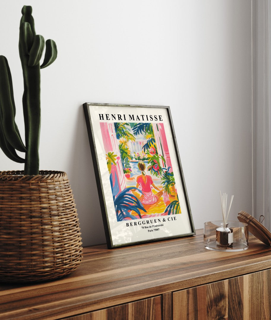 Colorful Henri Matisse inspired framed art print with woman practicing yoga indoors