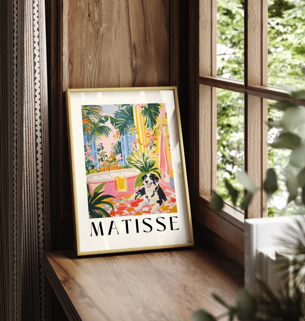 Matisse inspired framed print of border collie in colorful bathroom wall decor.