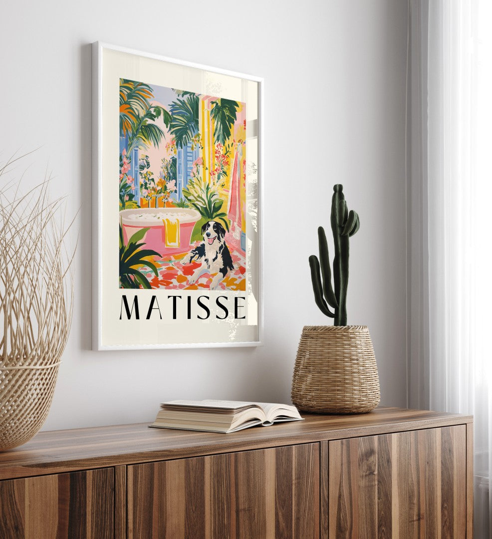 Framed Matisse style tropical bathroom print with border collie and vibrant tiles.