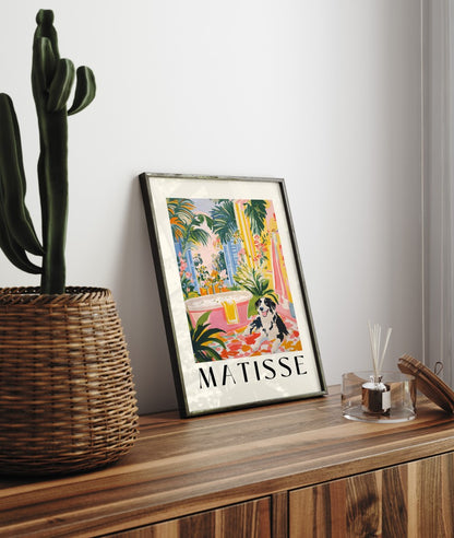 Matisse inspired framed dog bathroom art with pink bathtub and lush greenery.