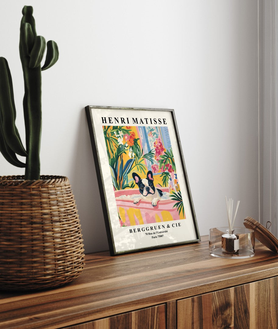 Matisse inspired tropical bathroom wall art with French Bulldog in a cheerful setting.