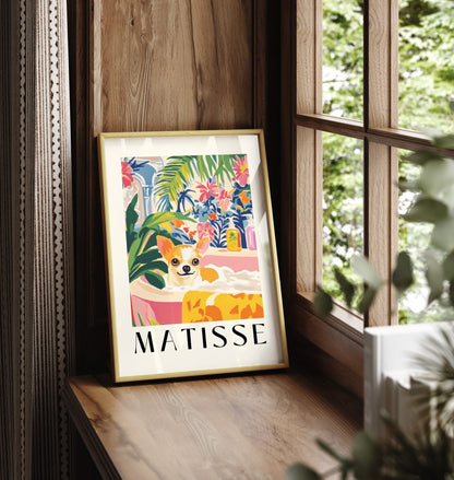 Matisse inspired framed print of chihuahua relaxing in colorful tropical bathroom.