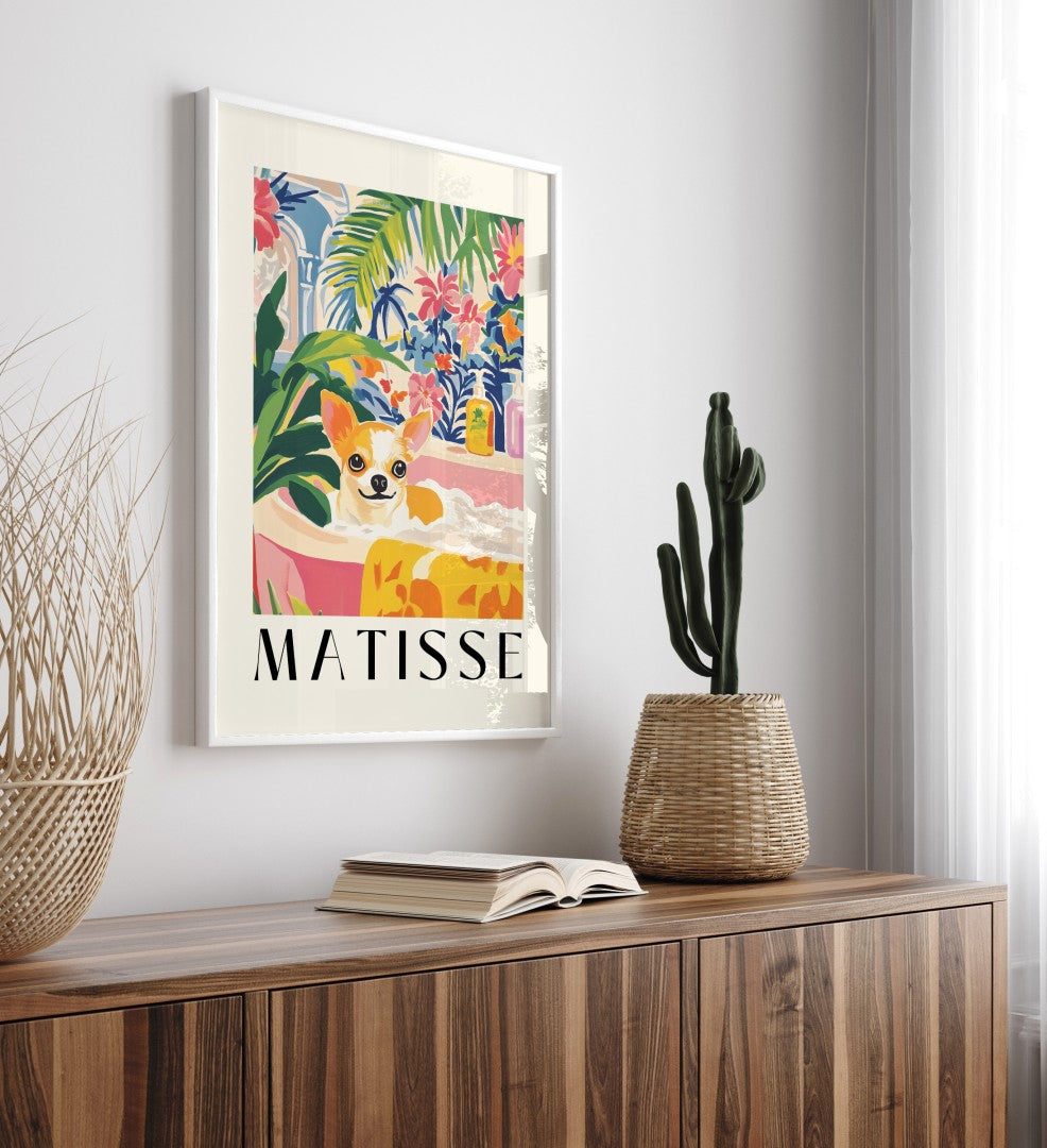 Framed Matisse style bathroom wall art featuring chihuahua and lush greenery.