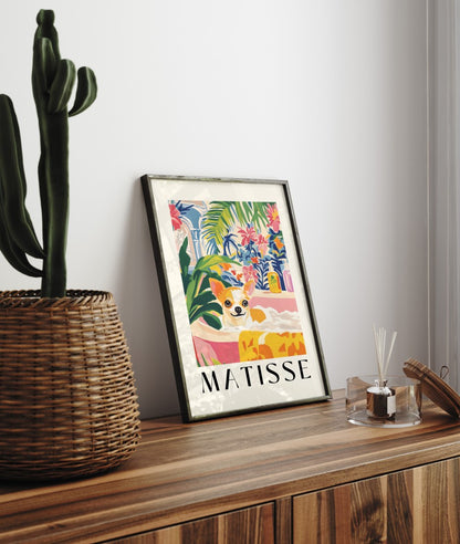 Matisse inspired framed chihuahua print with vibrant plants and pink bathtub.