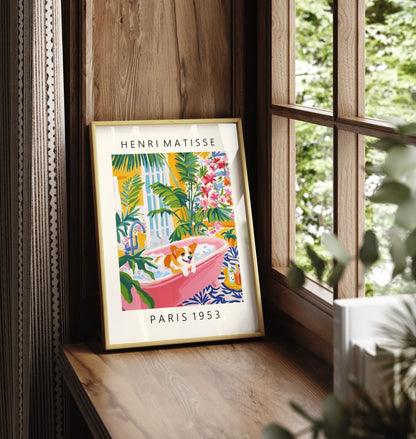 Matisse inspired framed print of corgi relaxing in bright tropical bathroom.