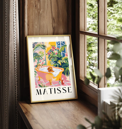 Matisse inspired framed print of dachshund in vintage bathtub for bathroom walls.