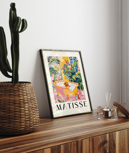 Matisse inspired framed dachshund bathroom wall print with bright floral accents.