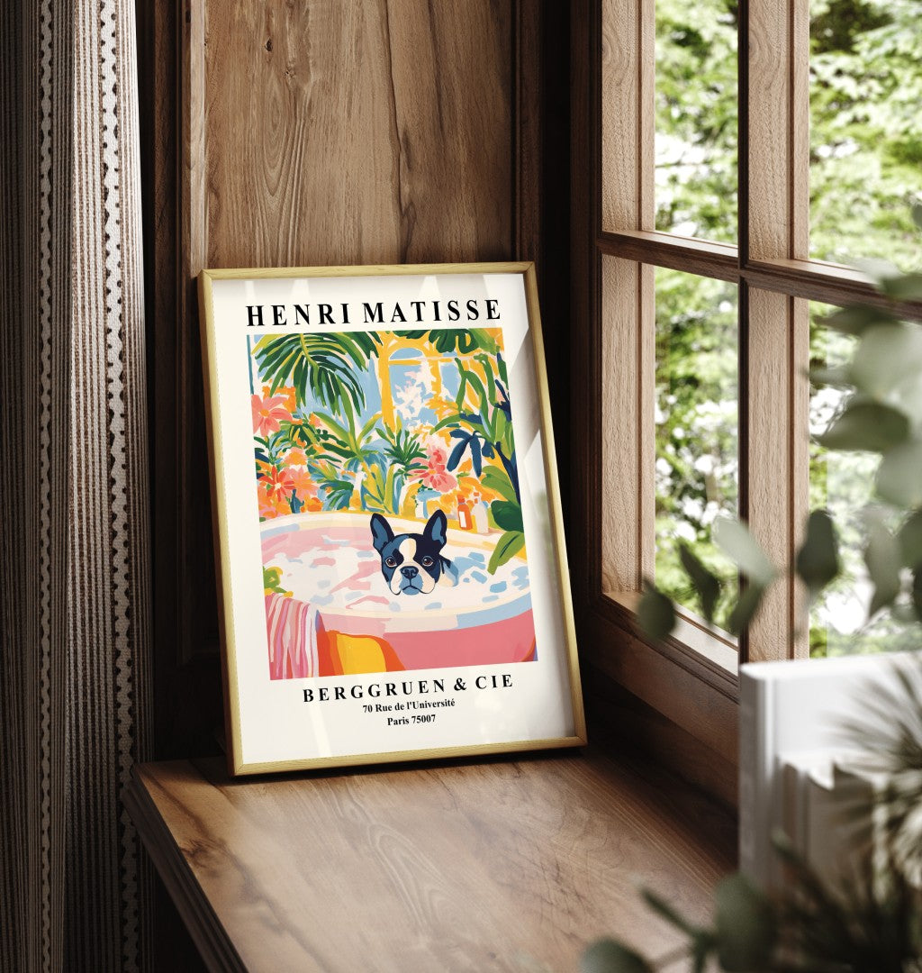 Matisse inspired framed print of Boston Terrier in bubble-filled bathtub for bathroom walls.