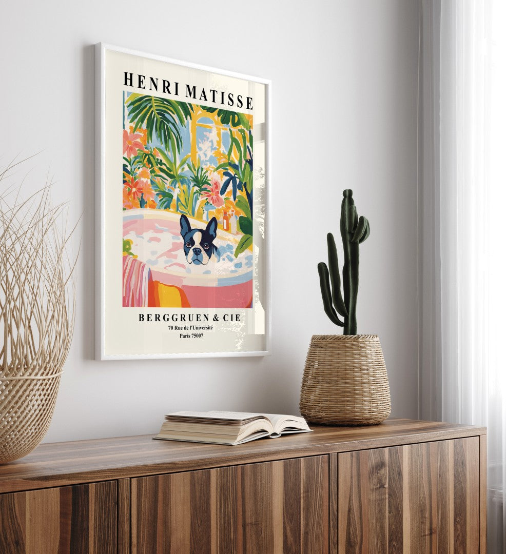 Framed Matisse style tropical bathroom wall art with Boston Terrier and lush greenery.