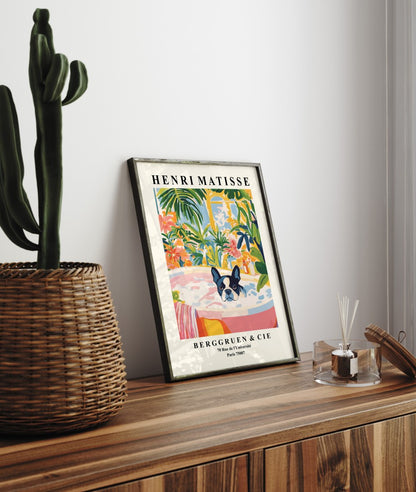 Matisse inspired framed Boston Terrier print with colorful bathroom and foliage.