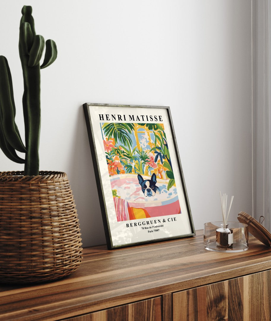 Matisse inspired framed Boston Terrier print with colorful bathroom and foliage.