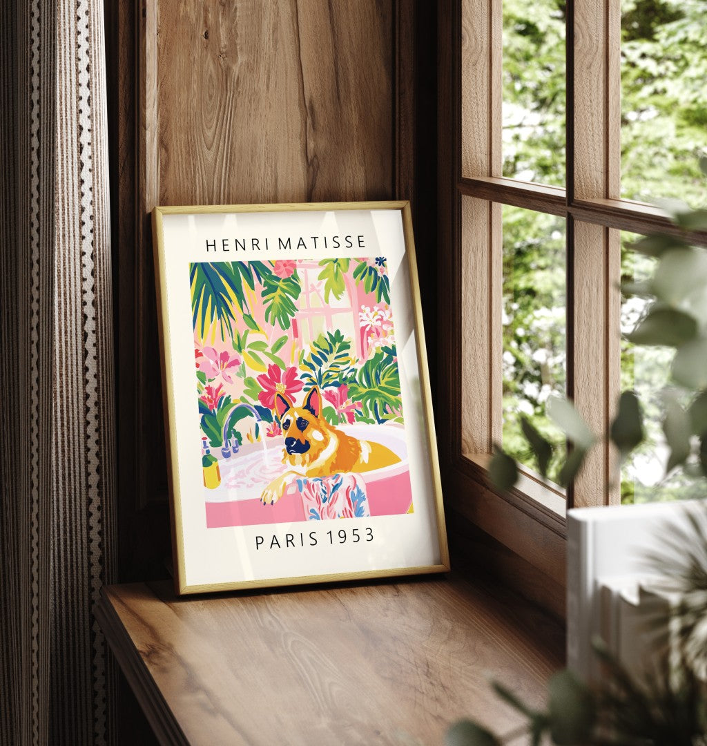 Matisse inspired framed print of German Shepherd relaxing in bathtub for bathroom walls.