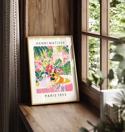 Matisse inspired framed print of German Shepherd relaxing in bathtub for bathroom walls.