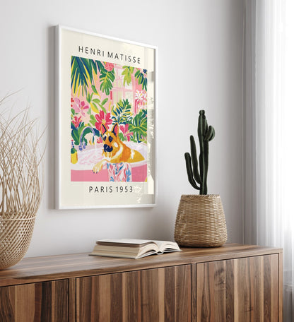 Framed Matisse style tropical bathroom wall art with German Shepherd and bold foliage.