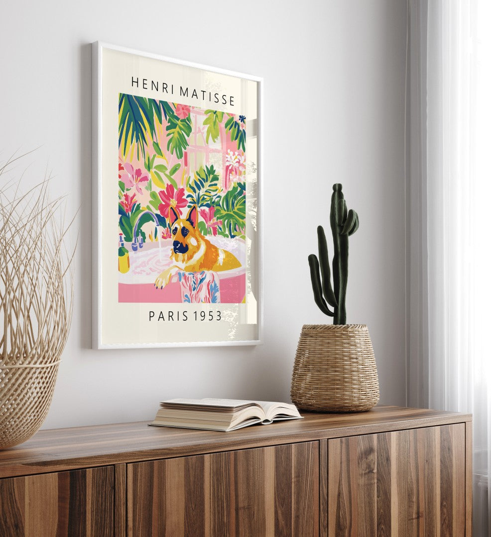 Framed Matisse style tropical bathroom wall art with German Shepherd and bold foliage.