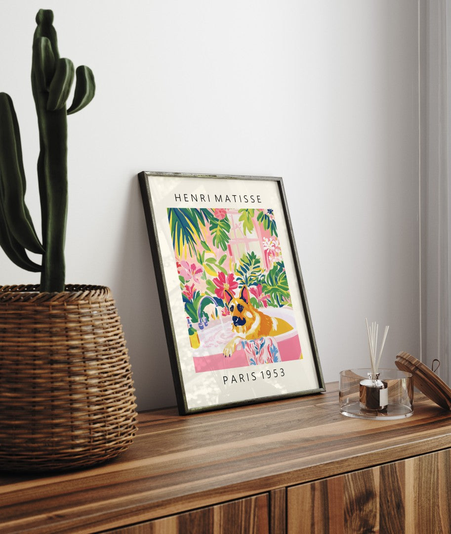 Matisse inspired framed German Shepherd print with colorful tropical bathroom scene.