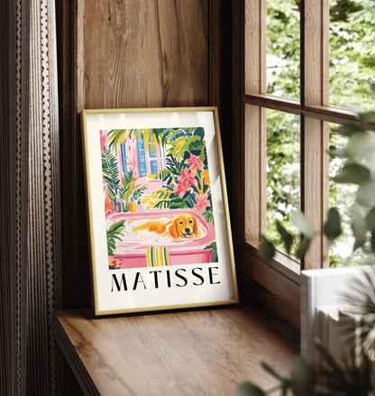 Matisse inspired framed print of golden retriever relaxing in a vibrant tropical bathroom.