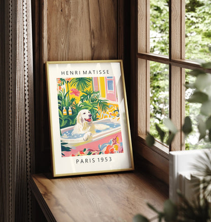 Matisse inspired framed print of Great Pyrenees in vibrant bathroom setting.