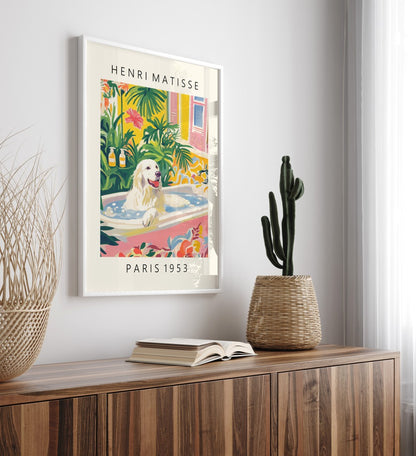 Framed Matisse style Great Pyrenees bathroom wall art with colorful foliage and tub.