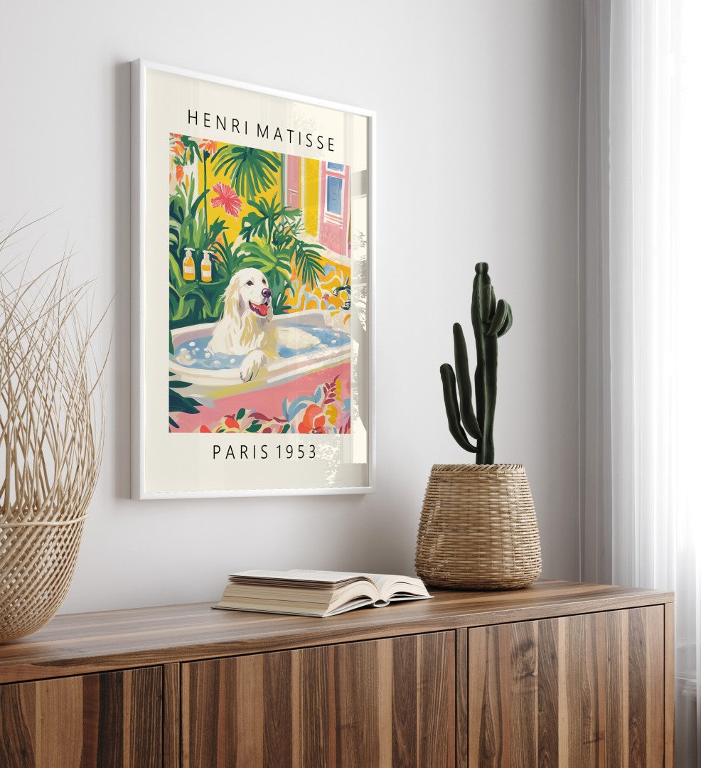 Framed Matisse style Great Pyrenees bathroom wall art with colorful foliage and tub.