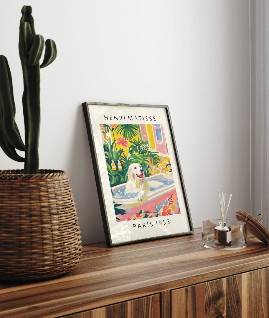Matisse inspired framed dog print featuring Great Pyrenees relaxing in tropical bathroom.