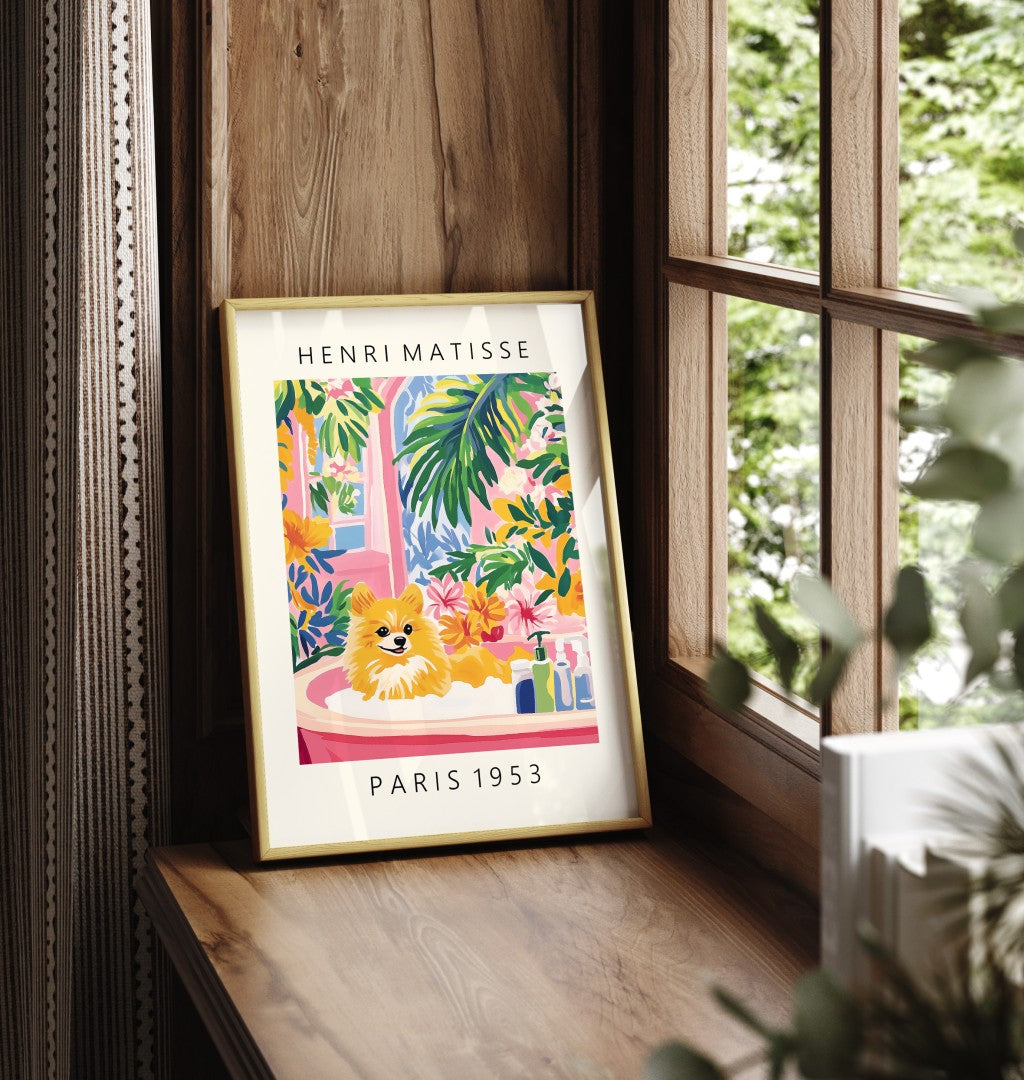 Framed Matisse inspired bathroom wall art of a cheerful Pomeranian.
