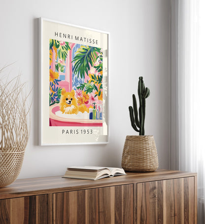 Matisse style framed print featuring Pomeranian in a vibrant tropical bathroom.