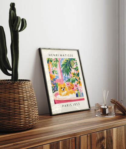 Framed Matisse inspired Pomeranian bathtub scene with colorful floral background.