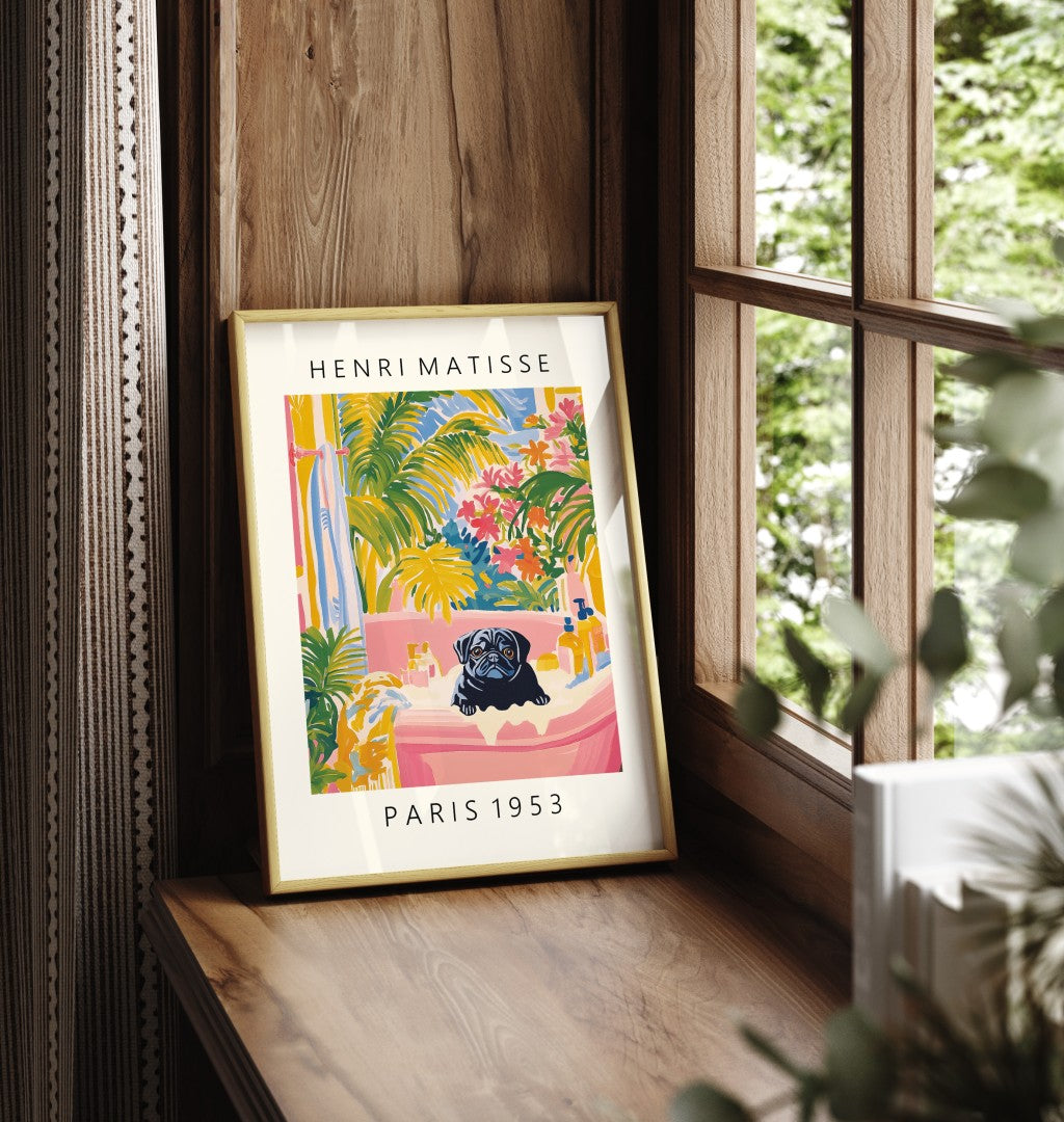 Colorful framed print of a pug bathing in a vibrant Matisse inspired setting.