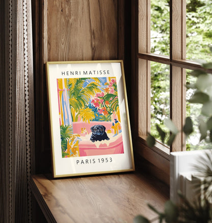 Colorful framed print of a pug bathing in a vibrant Matisse inspired setting.