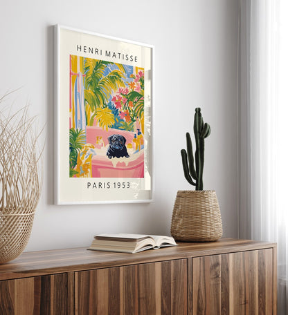 Matisse style pug bathroom scene with lush tropical foliage and flowers.