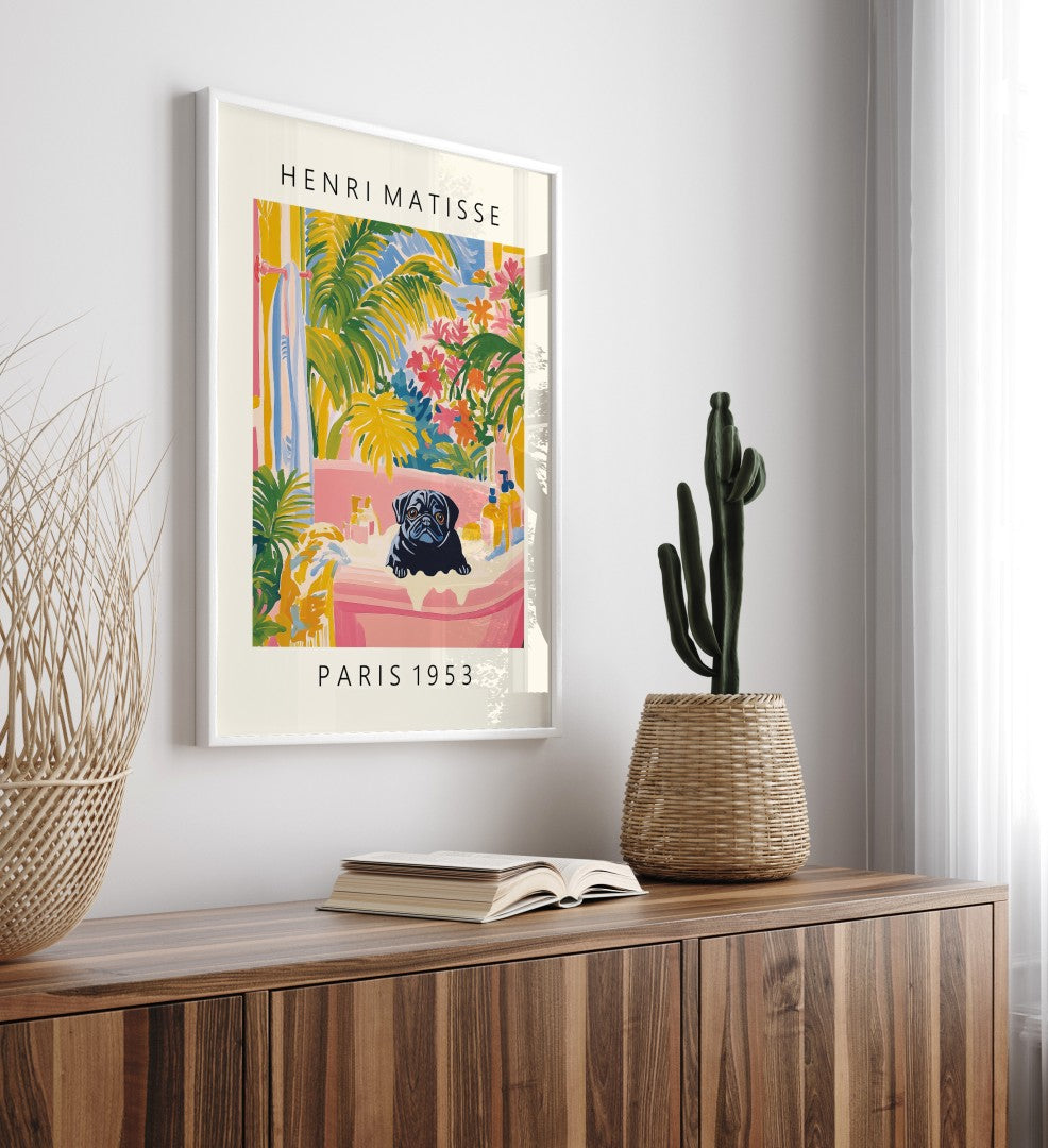 Matisse style pug bathroom scene with lush tropical foliage and flowers.