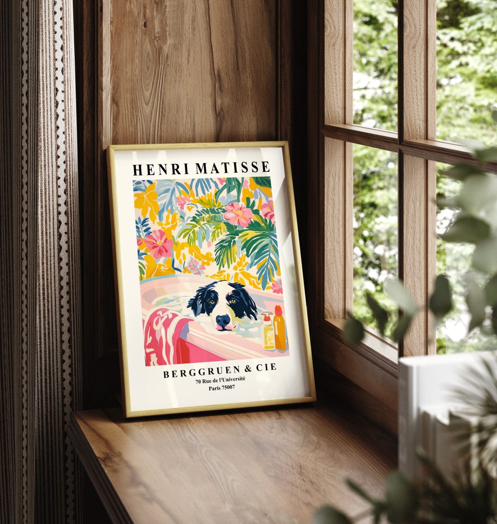 Framed tropical bathroom print of a border collie in a colorful Matisse inspired setting.