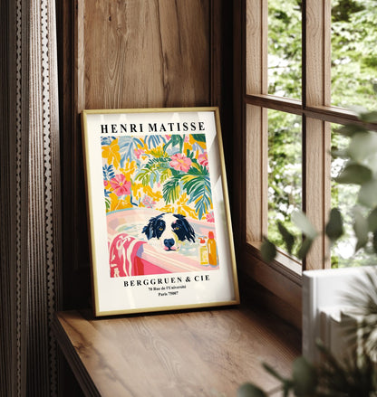 Framed tropical bathroom print of a border collie in a colorful Matisse inspired setting.