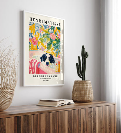 Matisse inspired wall art with border collie and vibrant floral backdrop.