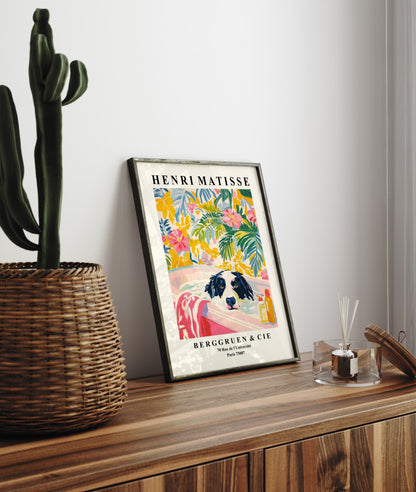 Colorful tropical bathroom print featuring border collie in tub with lush leaves.