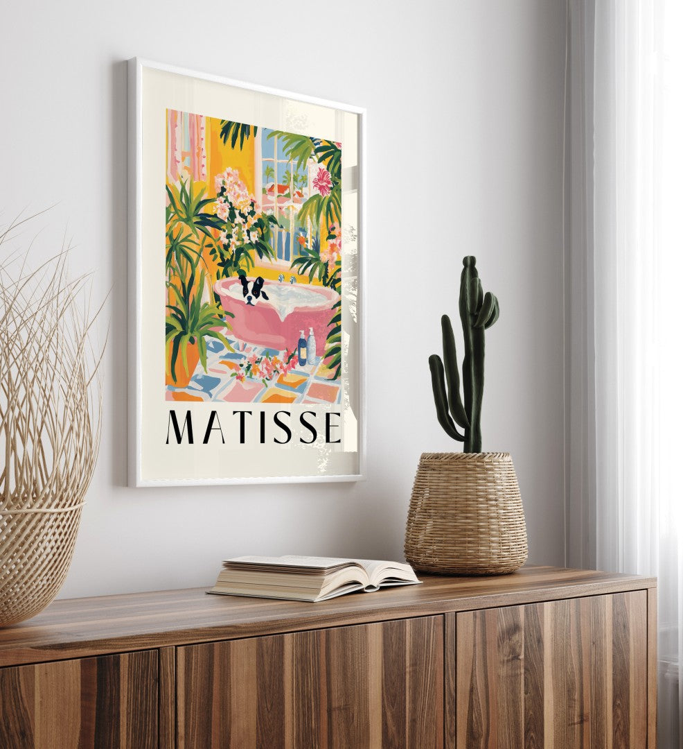 Tropical Matisse style bathroom art featuring Boston terrier in pink clawfoot tub.