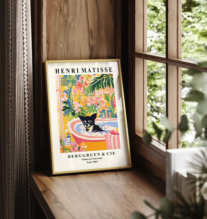 Matisse-inspired wall art of Chihuahua in colorful bathroom with lush greenery.