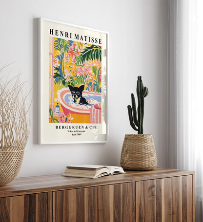 Tropical floral bathroom art print featuring a black Chihuahua in a clawfoot tub.
