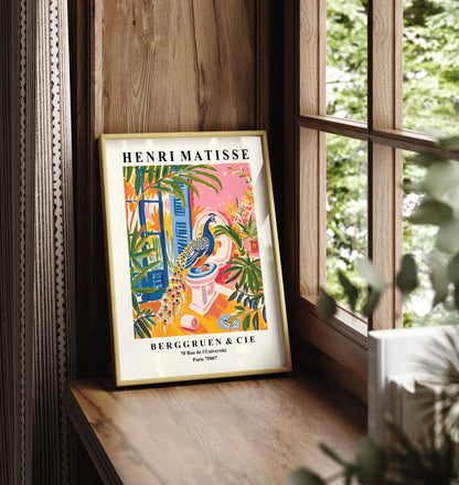 Exotic peacock surrounded by lush plants in vibrant Matisse-inspired print.