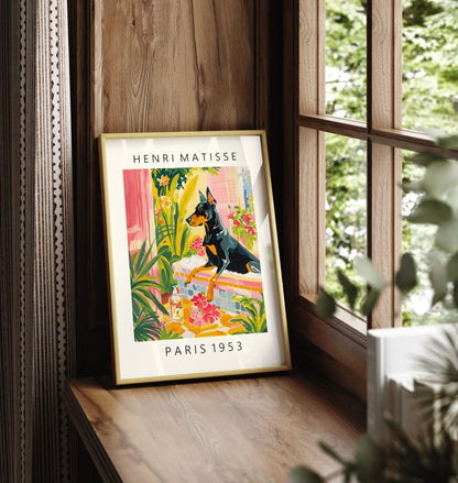 Vibrant tropical bathroom print with Doberman and bold floral details.