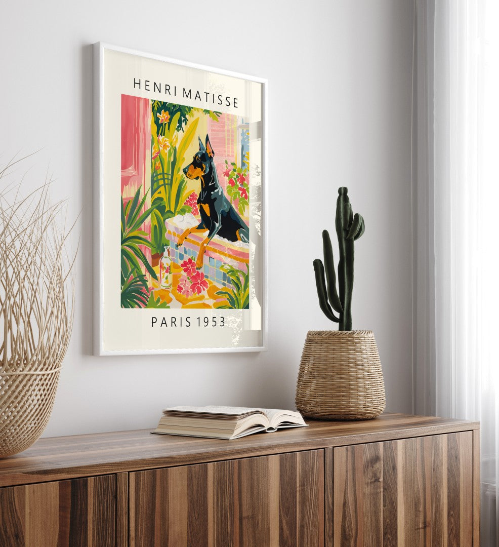 Playful Matisse-inspired bathroom scene featuring Doberman in colorful setting.