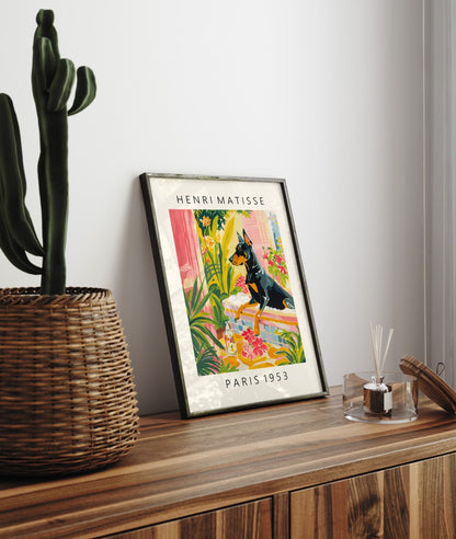 Tropical Doberman bath artwork with bright plants and tile patterns.