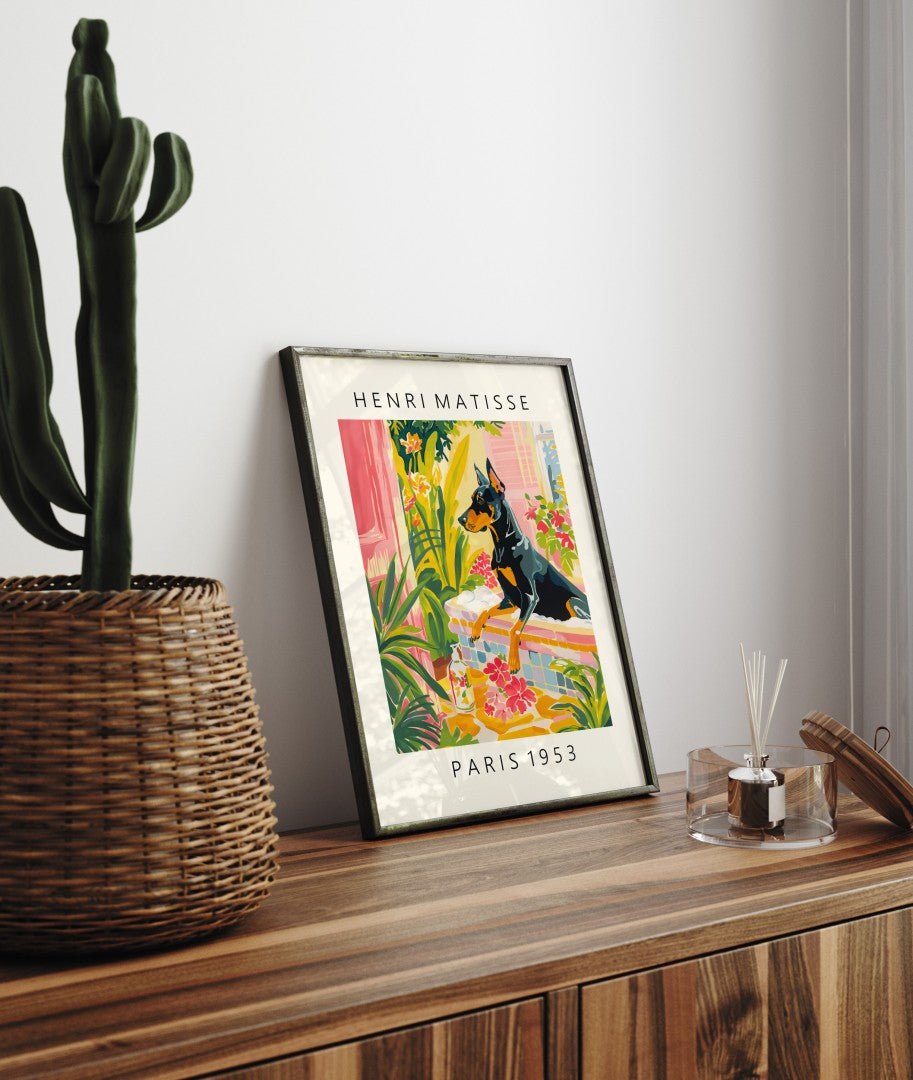 Tropical Doberman bath artwork with bright plants and tile patterns.