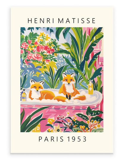 Two foxes relaxing in a tropical pink bathtub Matisse-style art print.