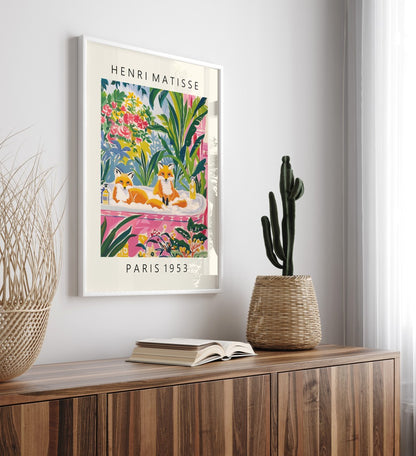 Whimsical Matisse-inspired wall art featuring foxes in a bath.
