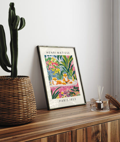 Vibrant fox bathroom artwork with plants and bold floral patterns.