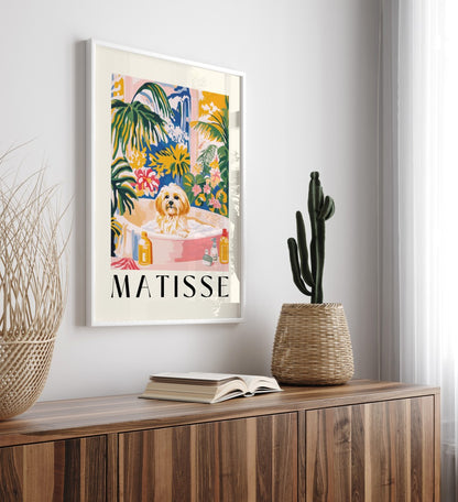 Tropical greenery and flowers framing a bathing Havanese dog.