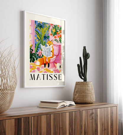 Tropical plants and flowers framing a fox on a pink toilet.